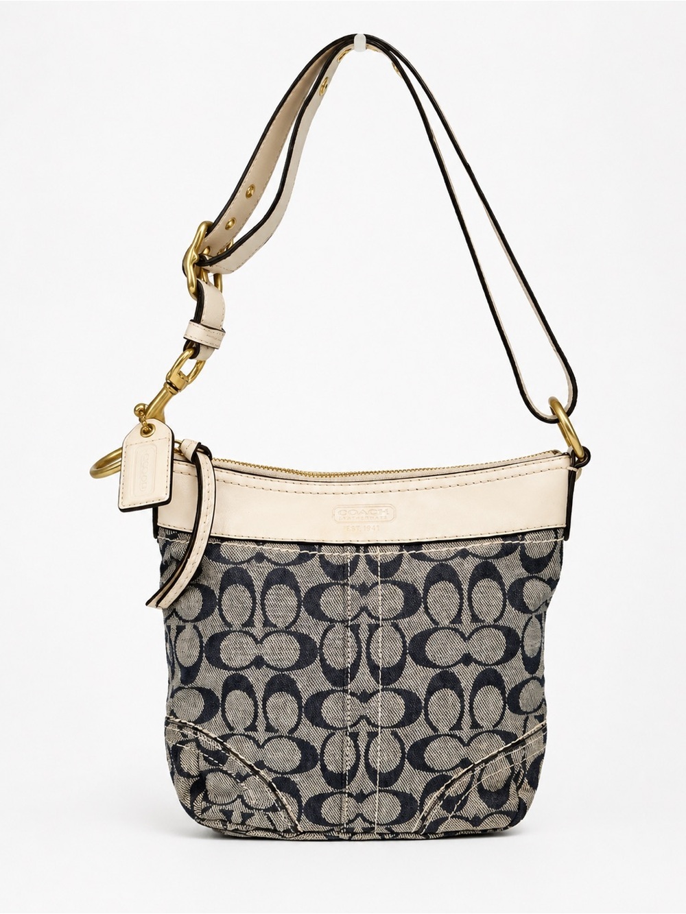 Coach Signature Denim Canvas Crossbody Bag Blue Ivory Leather